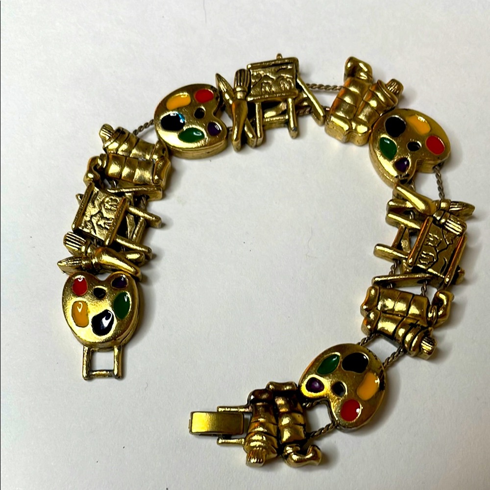 Artist Theme Double Wire Bracelet Palate, Brushes, Easel Charms Antique Gold